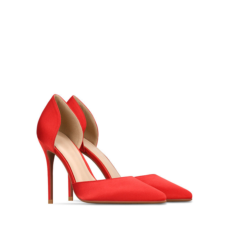 Real silk satin hollow pointed stiletto heels