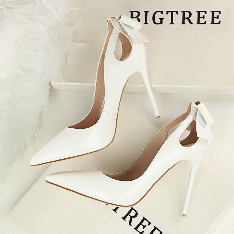 Women's Solid Color Cutout Back Bow High Heels