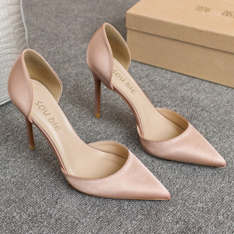 Real silk satin hollow pointed stiletto heels