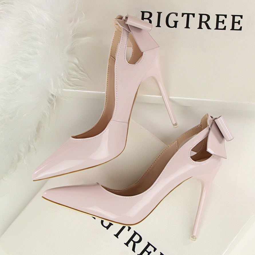 Women's Solid Color Cutout Back Bow High Heels