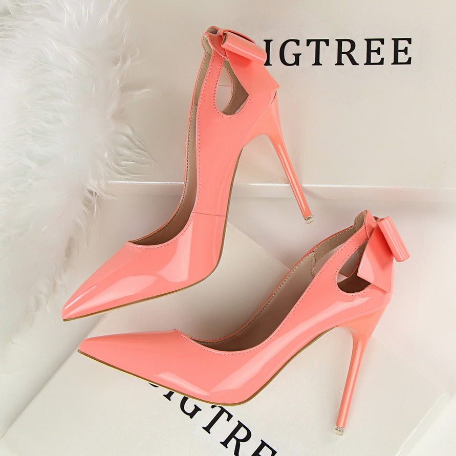 Women's Solid Color Cutout Back Bow High Heels