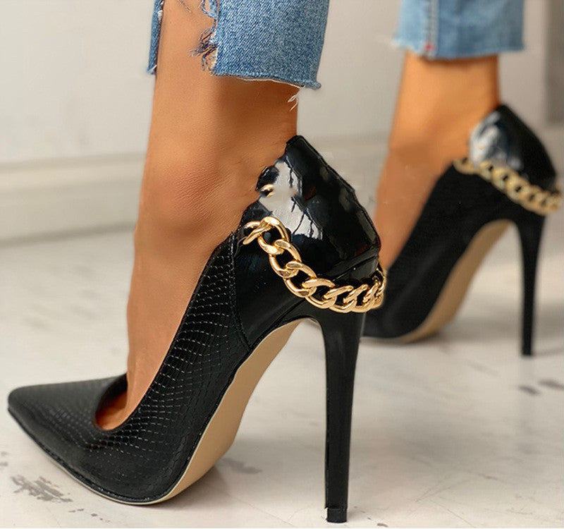 Pointed toe slip-on high heels with metal decoration